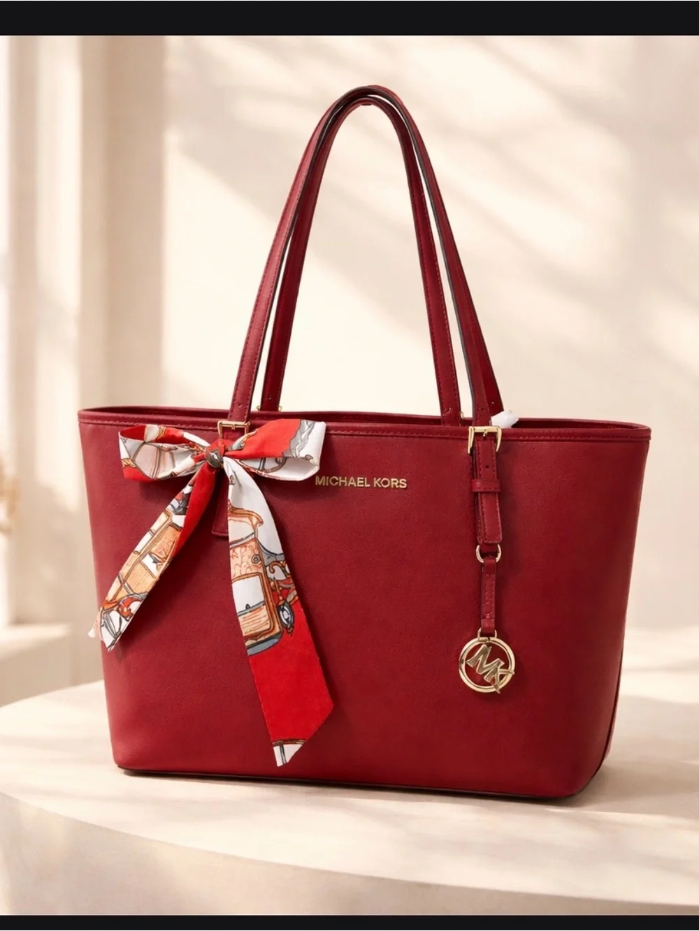 Michael Kors Burgundy Saffiano Leather Tote with Scarf Accent EUC - Picture 2 of 9